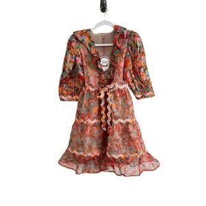 CeliaB Sinai Ruffled V-Neck Tie Waist Floral Mini Dress Multicolor Women's XS